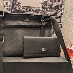 Coach Black Signature Crossbody Bag with Matching Black Wallet